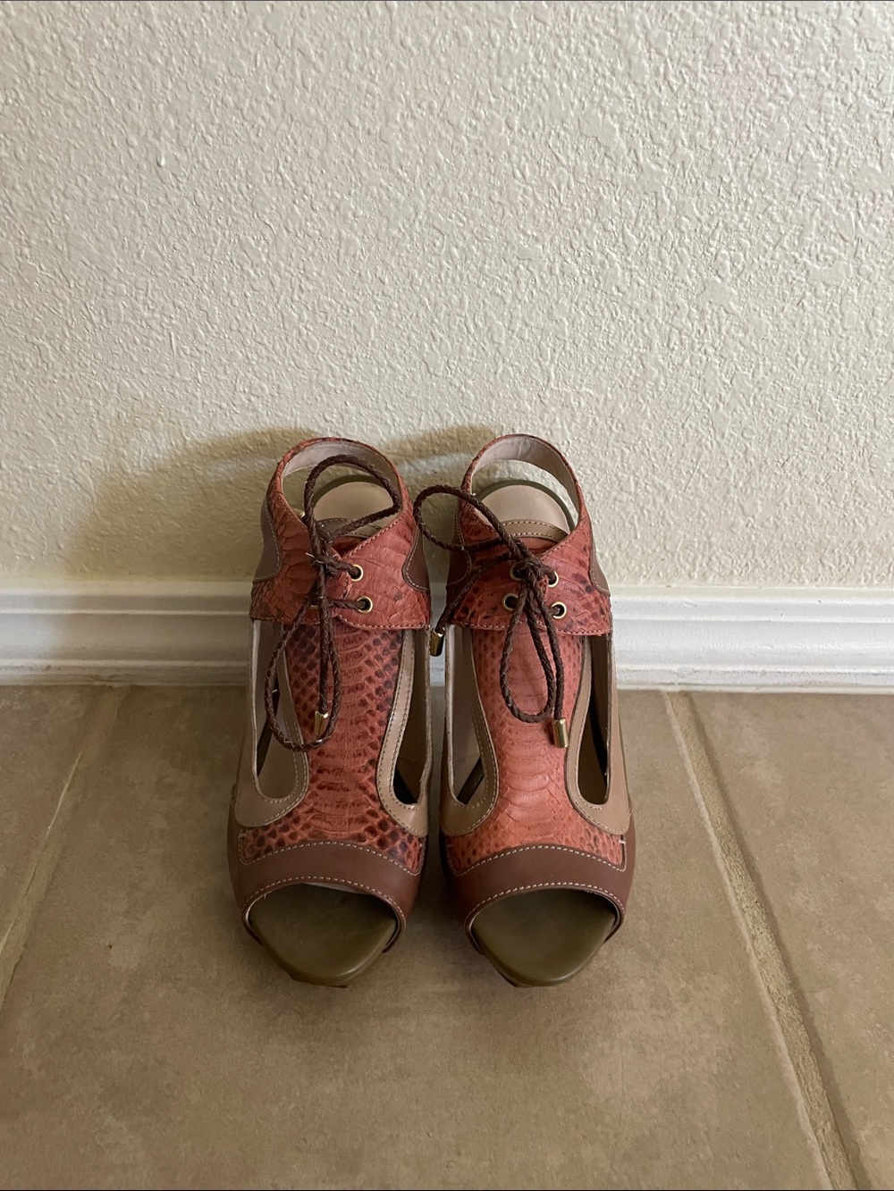 Escada Lace-Up Peep-Toe Heels in Terracotta and Brown